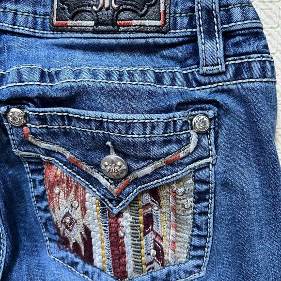 Miss Me Chloe Slim Boot Jeans Womens 27 Blue Embellished Pocket 32” Inseam - Picture 4 of 8